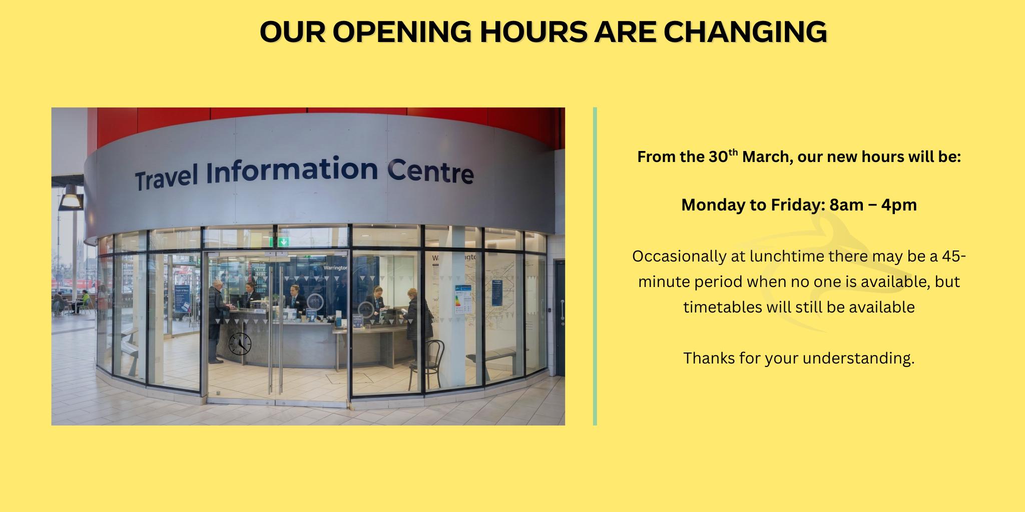 Update to Travel Information Centre Opening Hours - Warrington's Own Buses