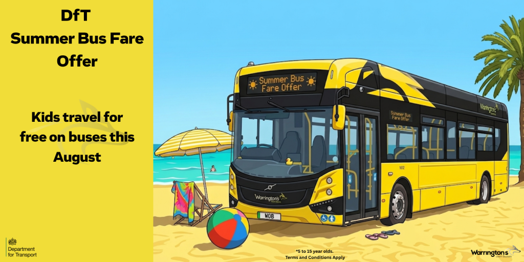 Illustration of a yellow Warrington's Own Buses bus on a beach. Text reads: DfT Summer Bus Fare Offer - Kids travel for free on buses this August (5 to 15 year olds)